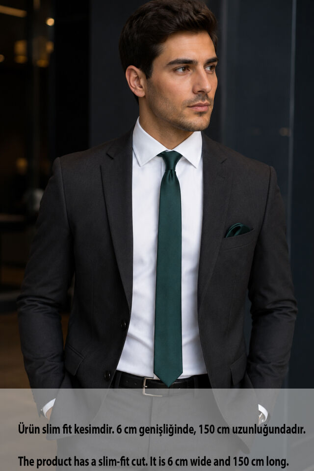 Varetta Erkek Yeşil Kravat Mendilli  Slim Fit Dar Kesim Düz Kravat Askısı Hediyeli