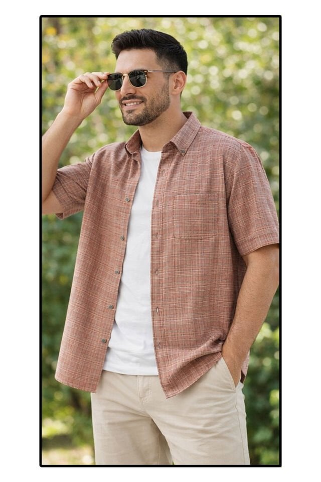 Varetta Erkek Kızıl Kahve Pamuklu Cepli Yazlık Kısa Kollu Gömlek