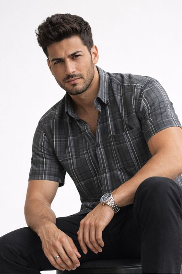 Varetta Erkek Kısa Kollu Gömlek Füme Yaka Düğmeli Cepli Yazlık Casual