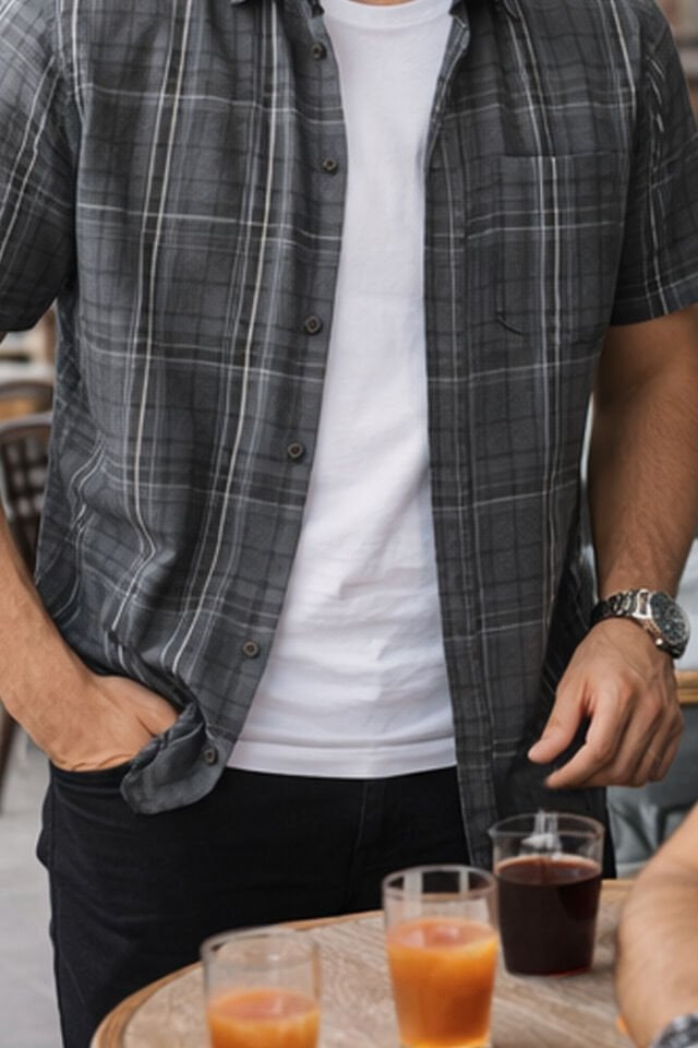 Varetta Erkek Kısa Kollu Gömlek Füme Yaka Düğmeli Cepli Yazlık Casual