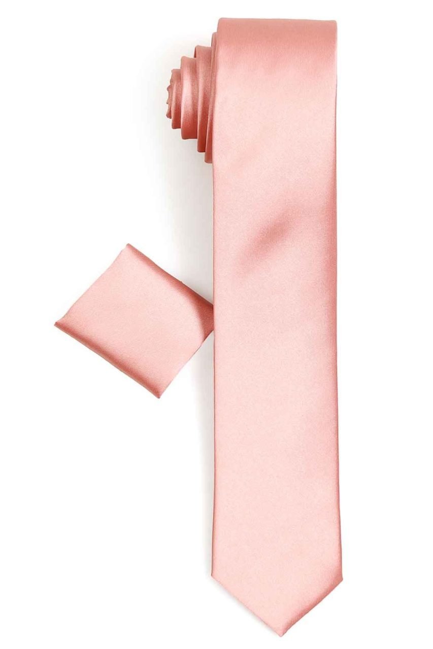 Erkek Toz Pembe Dar Kesim Saten Düz Mendilli Kravat