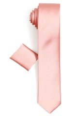Erkek Toz Pembe Dar Kesim Saten Düz Mendilli Kravat