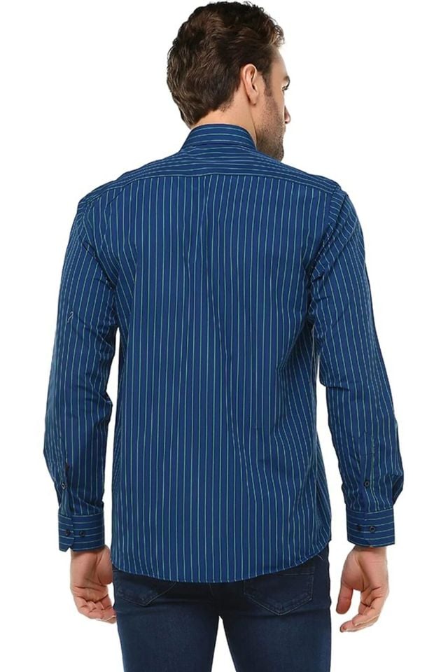 Varetta Lacivert Çizgili Cepli Geniş Kesim Uzun Kollu Gömlek