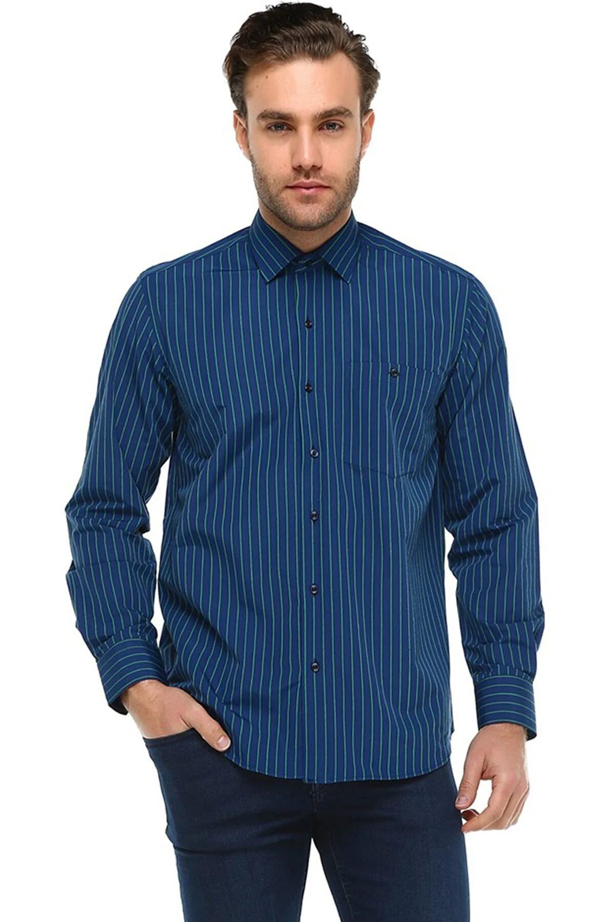Varetta Lacivert Çizgili Cepli Geniş Kesim Uzun Kollu Gömlek