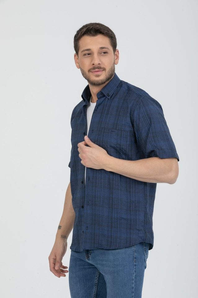 Varetta Erkek Lacivert Pamuklu Cepli Yazlık Kısa Kollu Gömlek