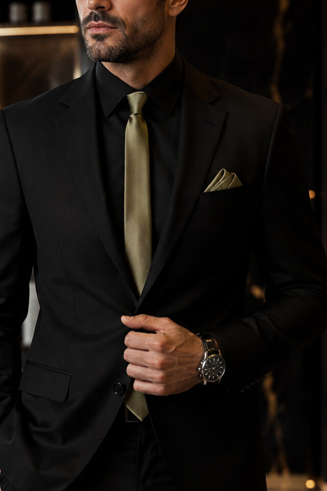 Varetta Erkek Yağ Yeşili Mendilli Kravat Slim Fit Kesim ve Kravat Askısı Hediyeli