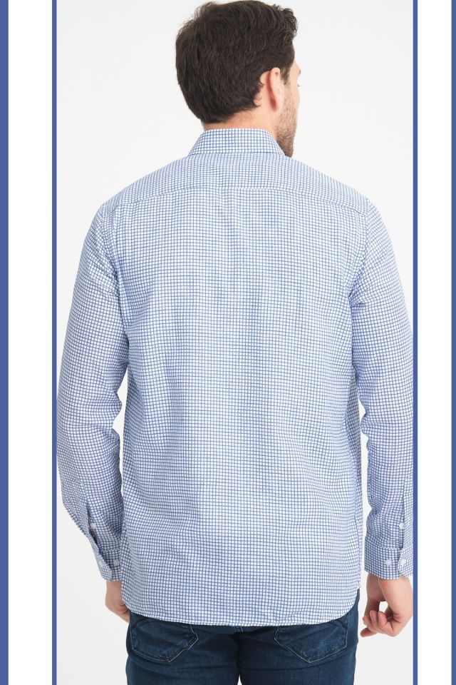 Varetta Mavi Kareli Keten Pamuklu Cepli Uzun Kollu Gömlek