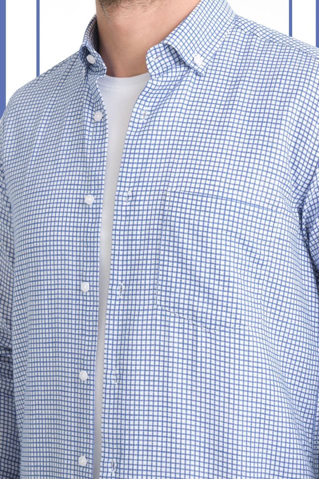 Varetta Mavi Kareli Keten Pamuklu Cepli Uzun Kollu Gömlek