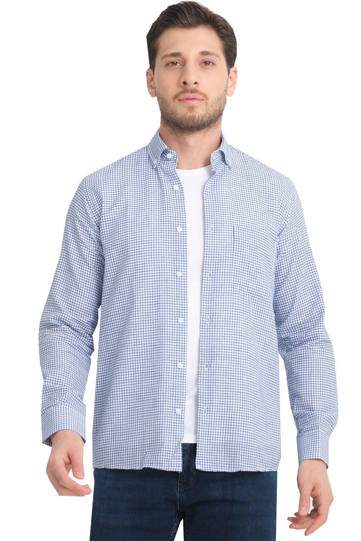 Varetta Mavi Kareli Keten Pamuklu Cepli Uzun Kollu Gömlek