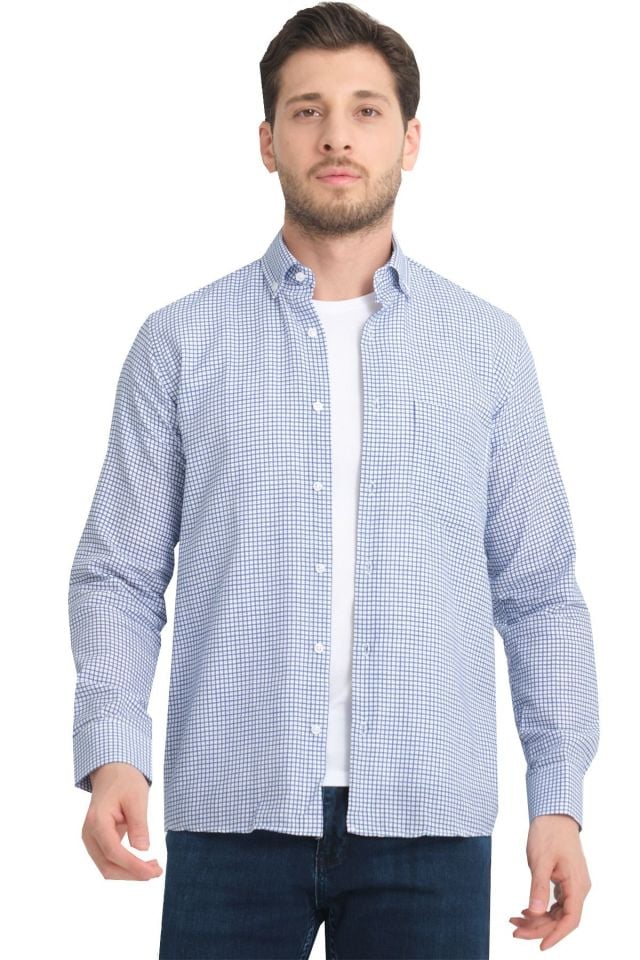 Varetta Mavi Kareli Keten Pamuklu Cepli Uzun Kollu Gömlek