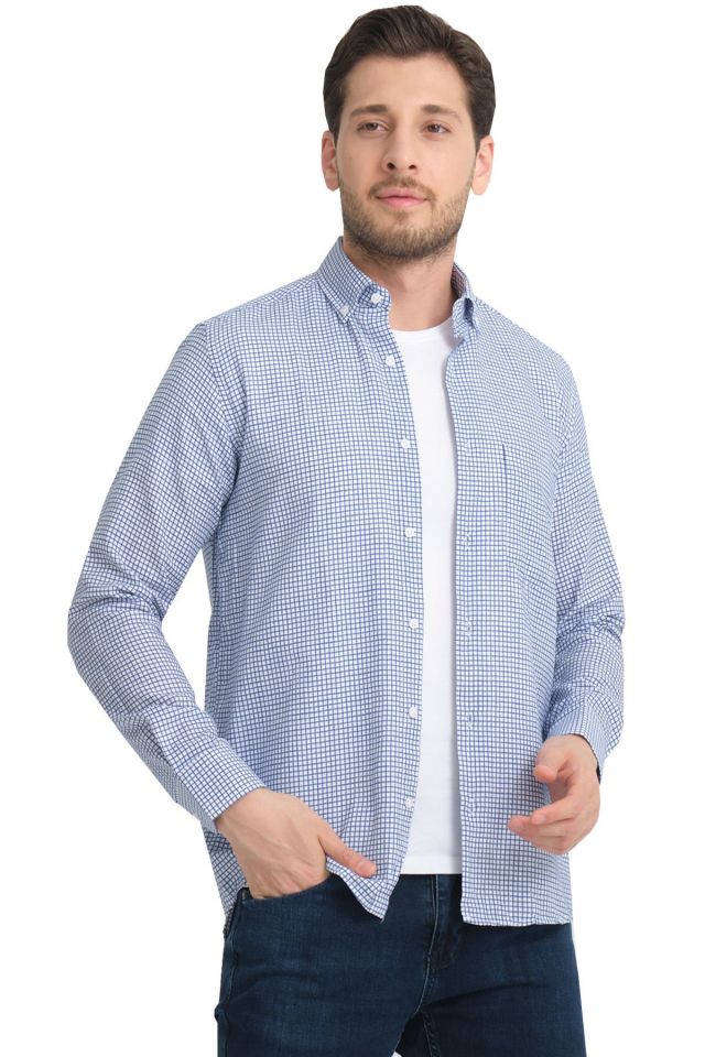 Varetta Mavi Kareli Keten Pamuklu Cepli Uzun Kollu Gömlek