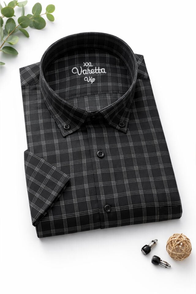 Varetta  Erkek Siyah Gömlek Kısa Kollu Büyük Beden Yaka Düğmeli Cepli Yazlık Rahat Kalıp