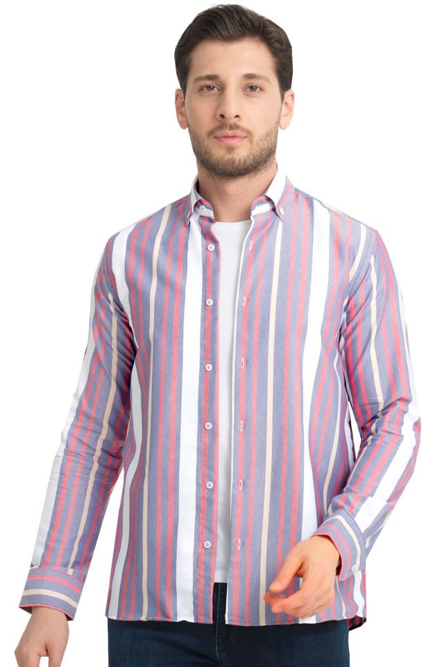 Varetta Mavi Pembe Çizgili Keten Pamuklu Cepsiz Uzun Kollu Gömlek