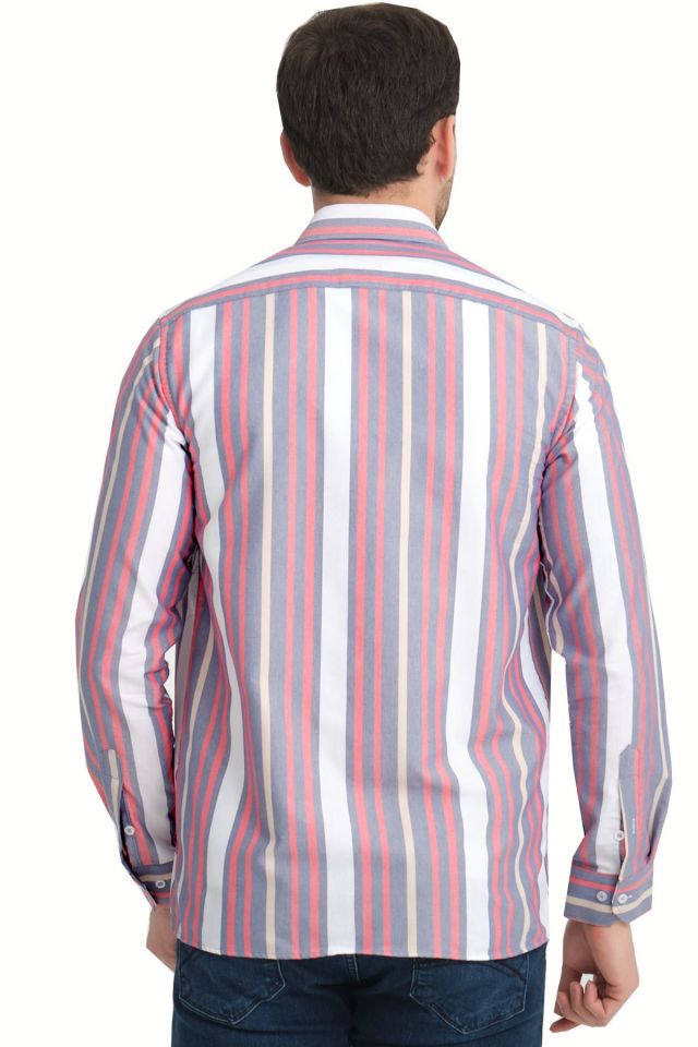 Varetta Mavi Pembe Çizgili Keten Pamuklu Cepsiz Uzun Kollu Gömlek