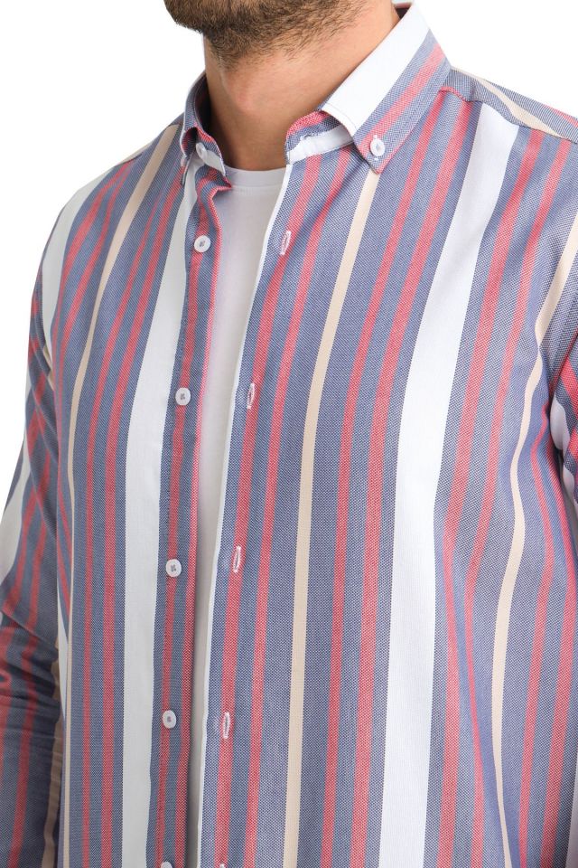 Varetta Mavi Pembe Çizgili Keten Pamuklu Cepsiz Uzun Kollu Gömlek