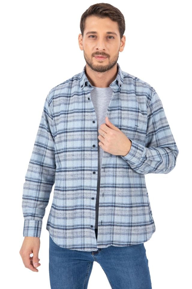 Varetta Erkek Mavi Kışlık Gömlek Cepli Klasik Kesim Kareli
