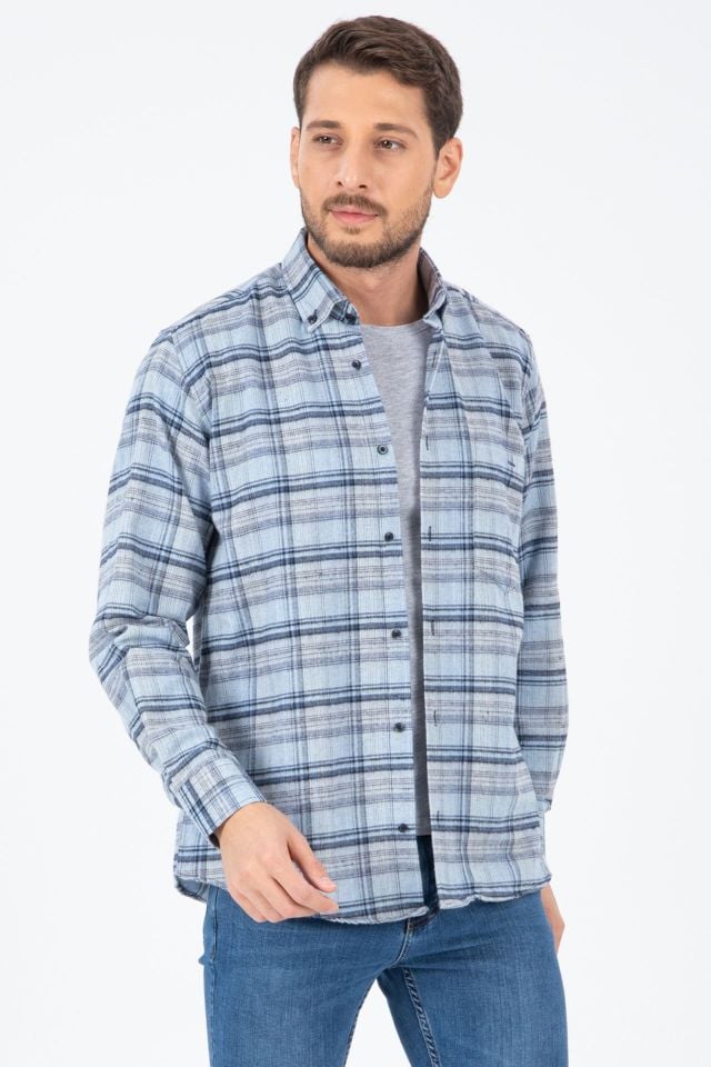 Varetta Erkek Mavi Kışlık Gömlek Cepli Klasik Kesim Kareli