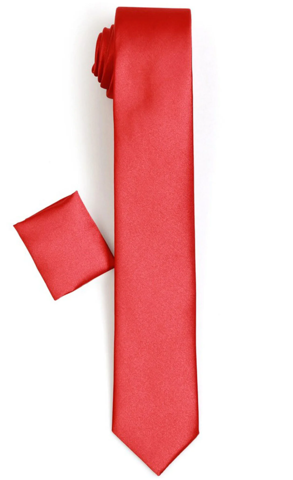 Varetta Erkek Kırmızı Slim Kesim Saten Düz Mendilli Kravat