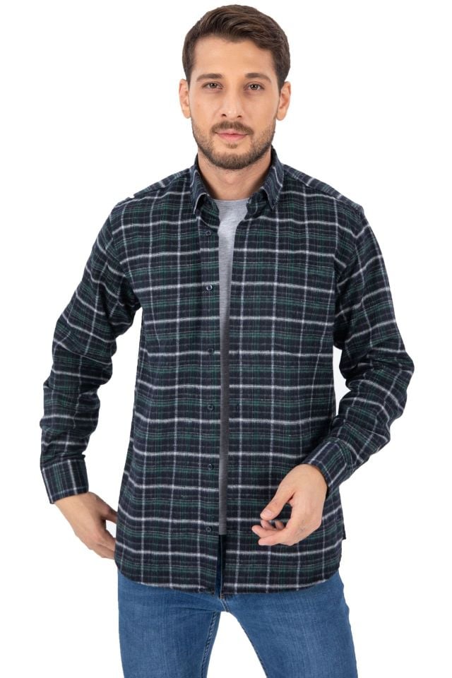 Varetta Erkek Yeşil Kareli Kışlık Cepli Gömlek Klasik Kesim