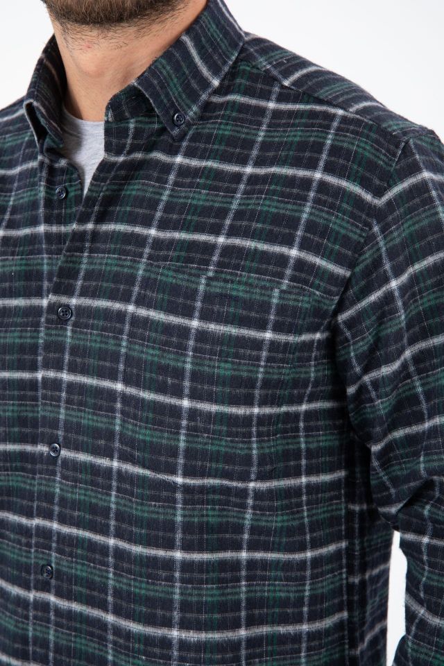 Varetta Erkek Antrasit Yeşil Kareli Kışlık Cepli Uzun Kollu Klasik Kesim Gömlek