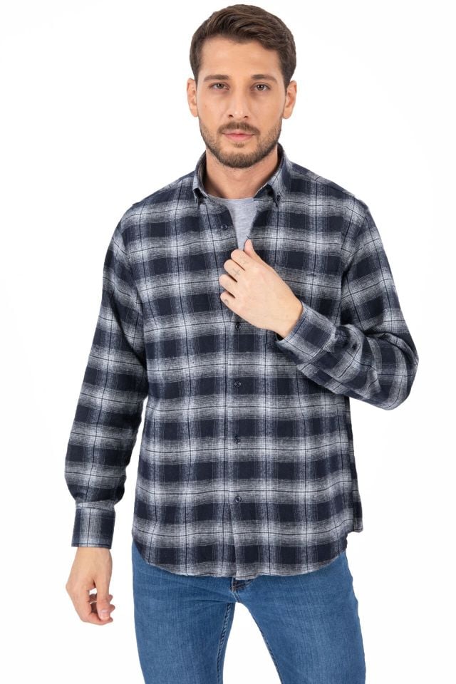Varetta Erkek Lacivert Kareli Kışlık Cepli Uzun Kollu Klasik Kesim Gömlek
