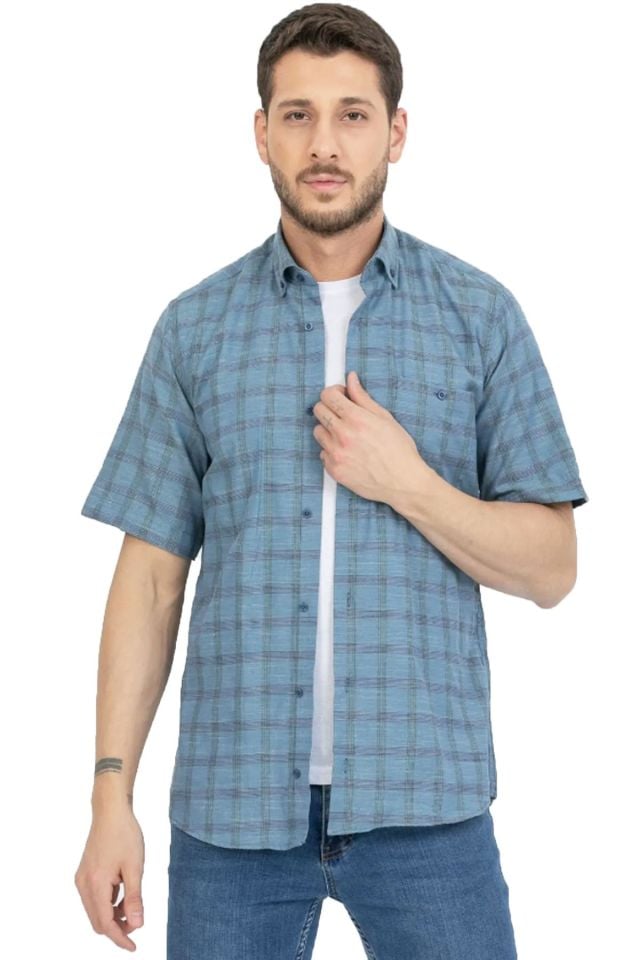 Varetta Erkek Yeşil Mavi Pamuklu Cepli Yazlık Kısa Kollu Gömlek