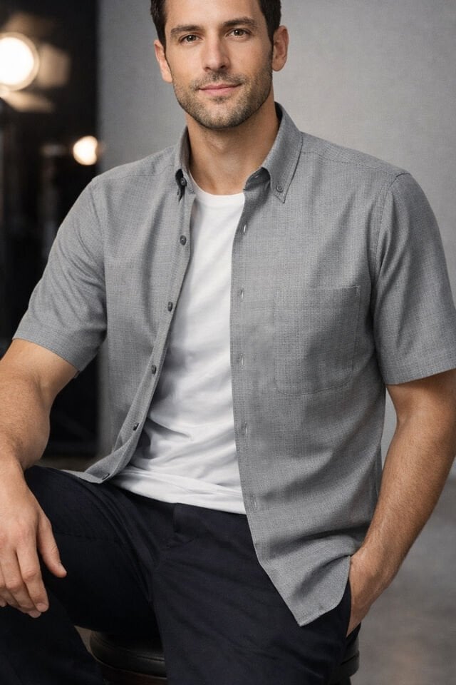 Varetta Erkek Kısa Kollu Gömlek Gri Geniş Kesim Pamuklu Yazlık