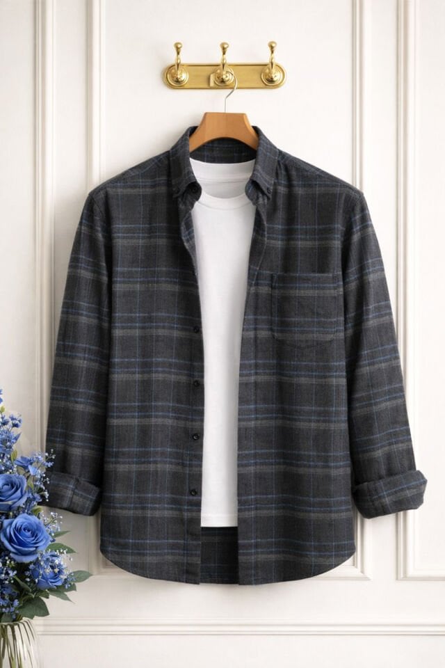 Varetta Erkek Füme Kışlık Gömlek Cepli Uzun Kollu Klasik Kesim Kareli