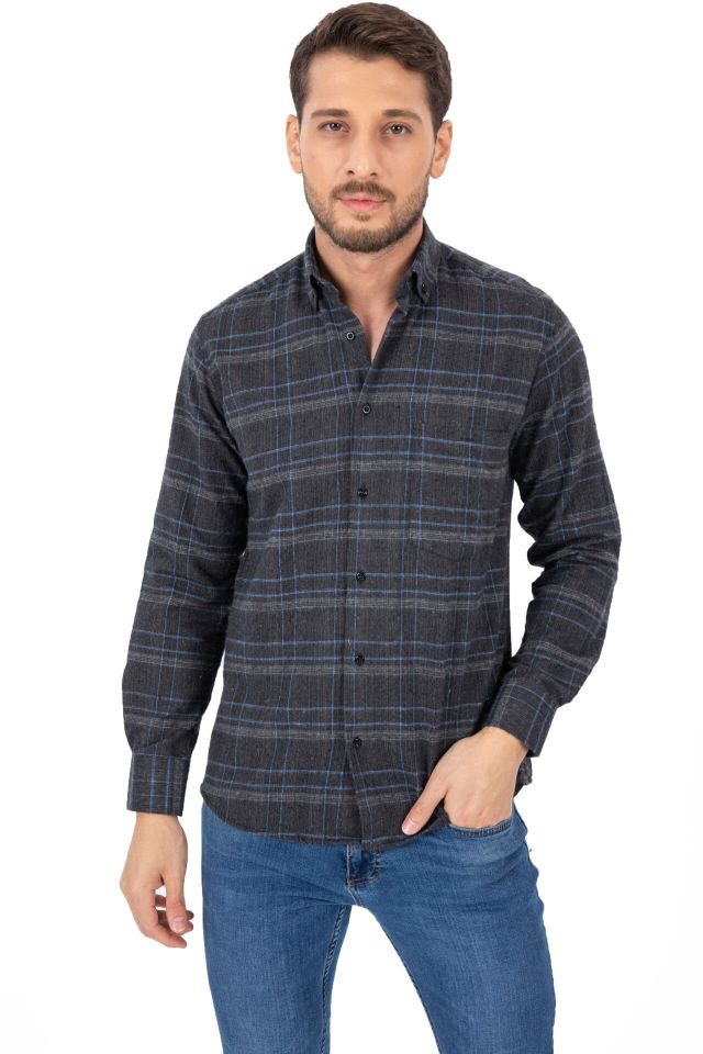 Varetta Erkek Füme Kışlık Gömlek Cepli Uzun Kollu Klasik Kesim Kareli