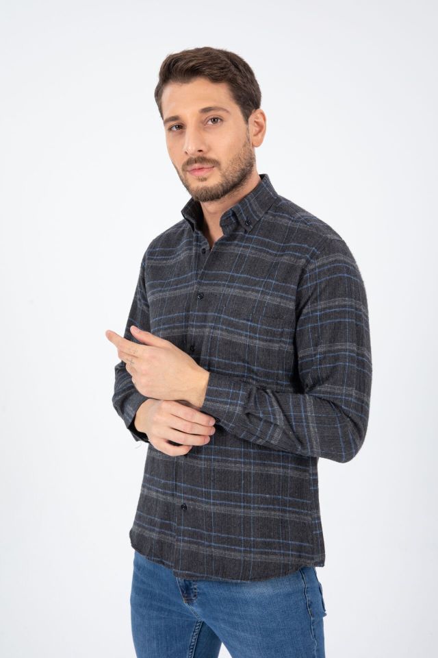 Varetta Erkek Füme Kışlık Gömlek Cepli Uzun Kollu Klasik Kesim Kareli