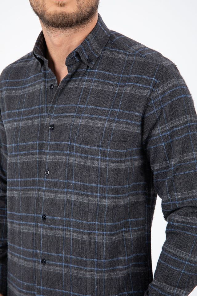 Varetta Erkek Füme Kışlık Gömlek Cepli Uzun Kollu Klasik Kesim Kareli