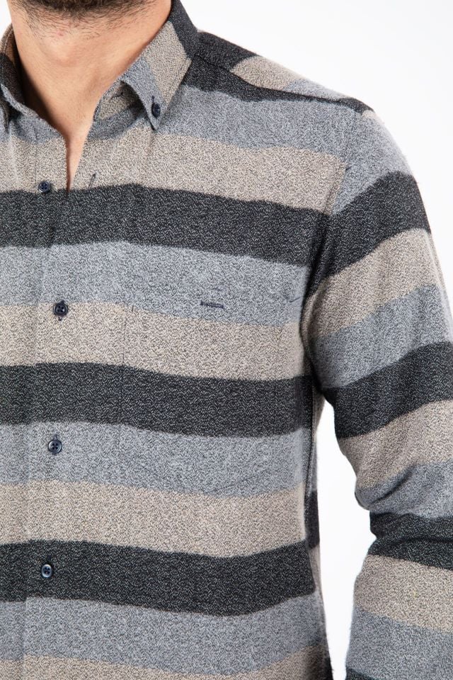 Varetta Erkek Gri Çizgili Kışlık Gömlek Cepli Uzun Kollu Klasik Kesim