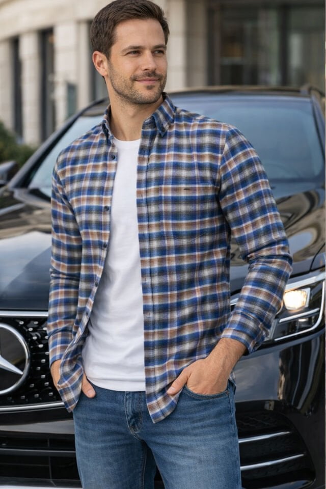 Varetta Erkek Mavi Çizgili Kışlık Cepli Uzun Kollu Klasik Kesim Gömlek