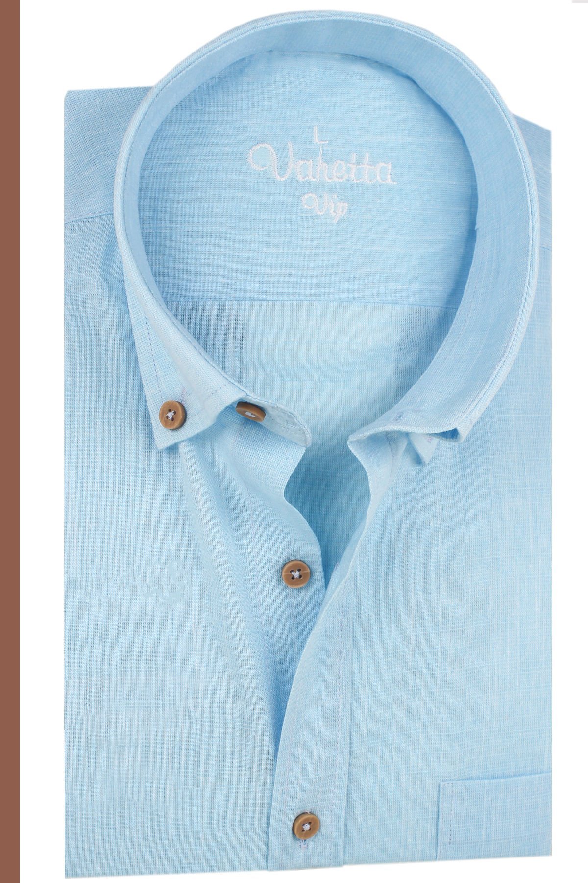 Varetta Erkek Mavi Keten Gömlek | %100 Pamuk, Uzun Kollu, Geniş Kesim, Tek Cepli