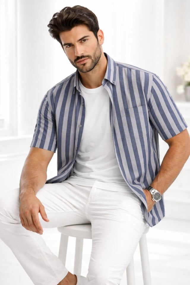 Varetta Erkek Kısa Kollu Gömlek Lacivert Yaka Düğmeli Cepli Yazlık Casual