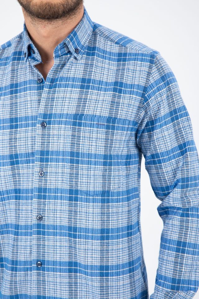 Varetta Erkek Mavi Çizgili Kışlık Cepli Uzun Kollu Klasik Kesim Gömlek