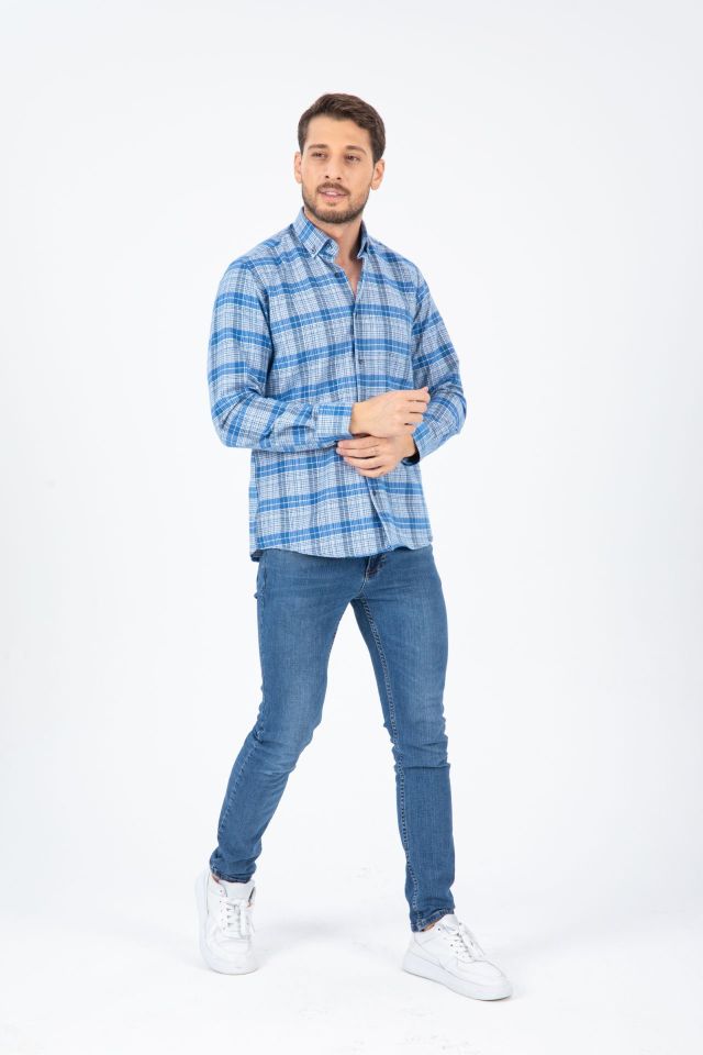 Varetta Erkek Mavi Çizgili Kışlık Cepli Uzun Kollu Klasik Kesim Gömlek