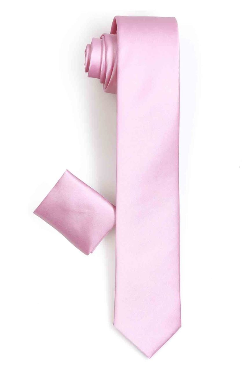 Erkek Pembe Dar Kesim Saten Düz Mendilli Kravat Standart