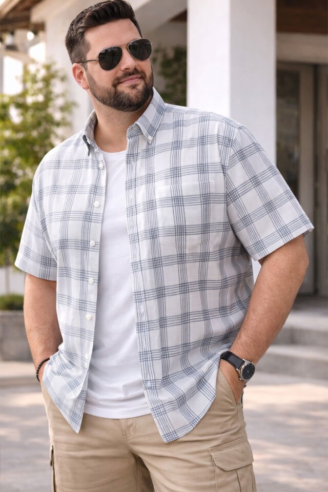 Varetta  Erkek Beyaz Kısa Kollu Büyük Beden Gömlek Cepli Geniş Kesim Casual Soft Pamuklu