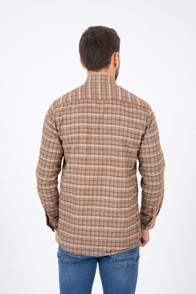 Varetta Erkek Kahverengi Çizgili Kışlık Cepli Uzun Kollu Klasik Kesim Gömlek