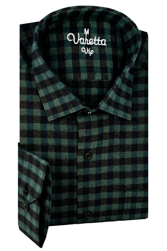 Varetta Erkek Yeşil Kareli Klasik Kesim Yaka Düğmeli Kışlık Gömlek