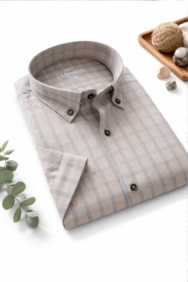 Varetta  Erkek Bej Kısa Kollu Büyük Beden Gömlek Cepli Geniş Kesim Casual Soft Pamuklu