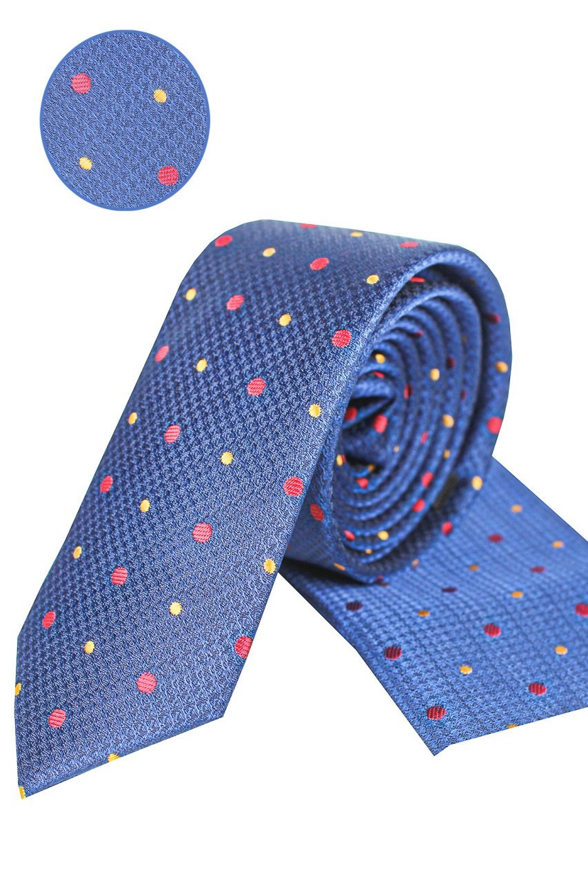 Erkek Saks Mavi Slim Kesim Mendilli Desenli Kravat 