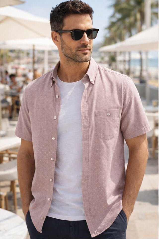 Varetta Erkek Pudra Pembe Gömlek Kısa Kollu Pamuklu  Cepli Yazlık