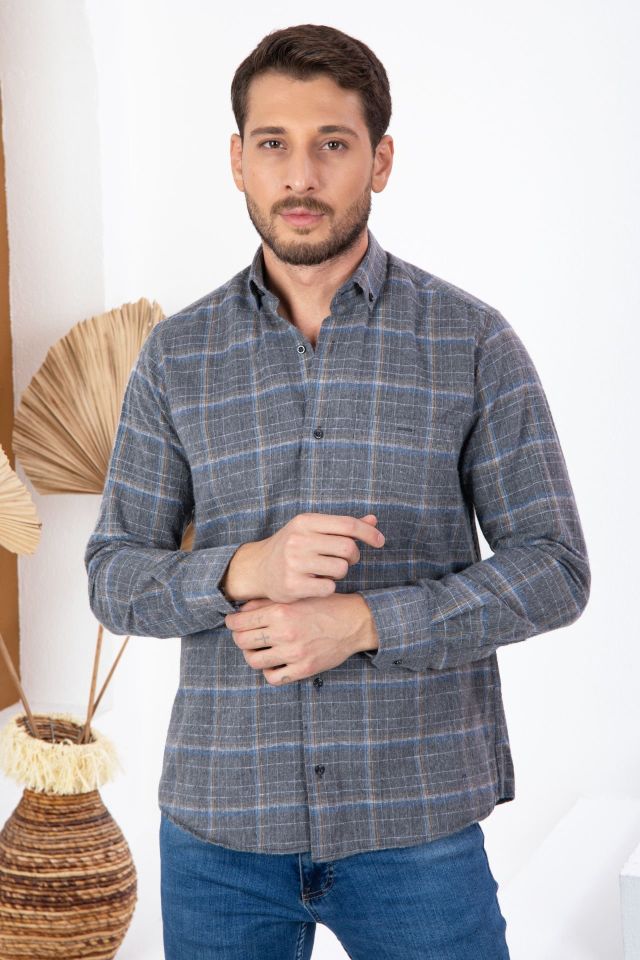 Varetta Erkek Gri Çizgili Kışlık Cepli Uzun Kollu Klasik Kesim Gömlek