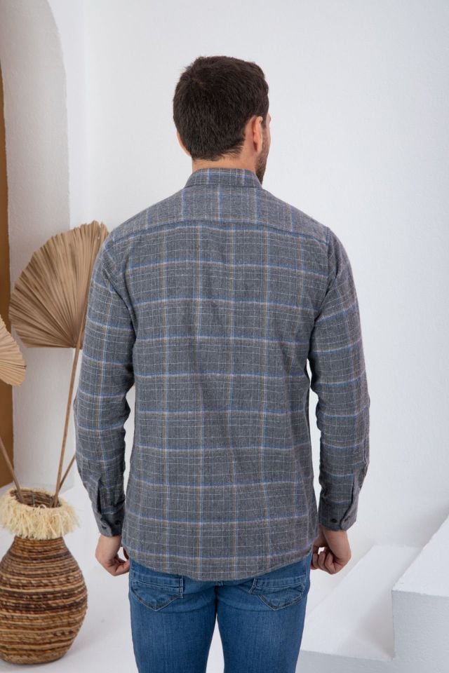 Varetta Erkek Gri Çizgili Kışlık Cepli Uzun Kollu Klasik Kesim Gömlek