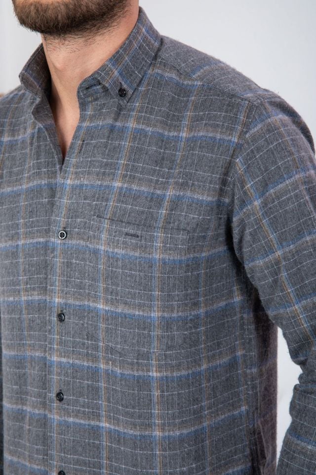 Varetta Erkek Gri Çizgili Kışlık Cepli Uzun Kollu Klasik Kesim Gömlek