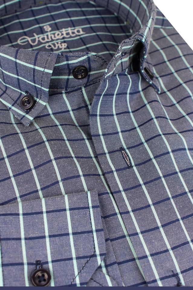 Erkek Koyu Mavi Klasik Kesim Desenli Tek Cepli Yaka Düğmeli Uzun Kollu Gömlek Koyu Mavi - XL