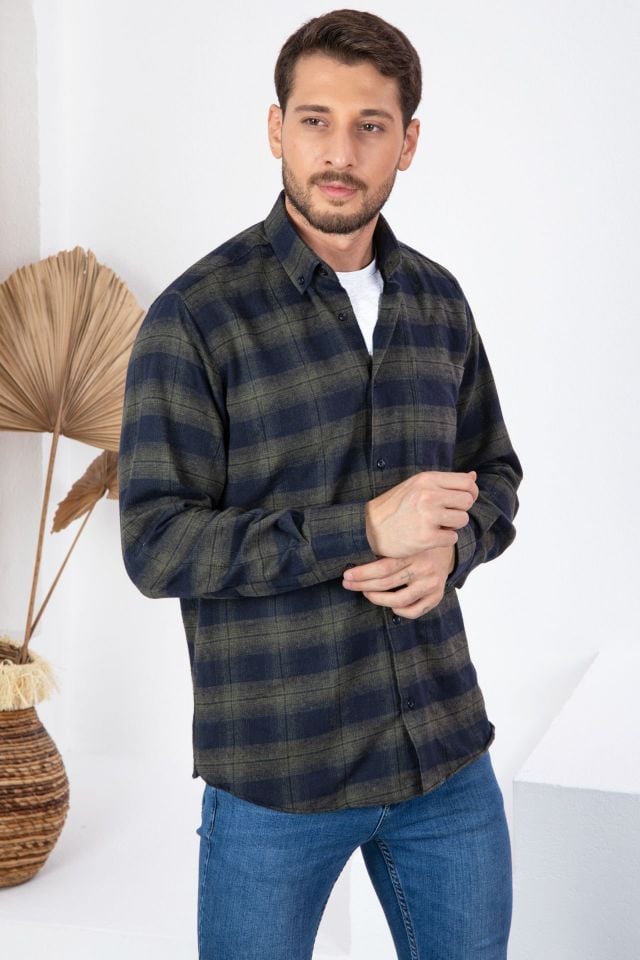 Varetta Erkek Yeşil Kışlık Cepli Uzun Kollu Klasik Kesim Gömlek