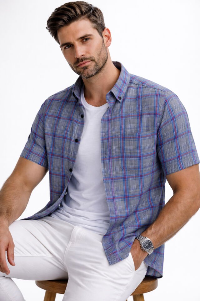 VARETTA Erkek Kısa Kollu Gömlek Gri Klasik Kesim Düğmeli Yaka Kareli